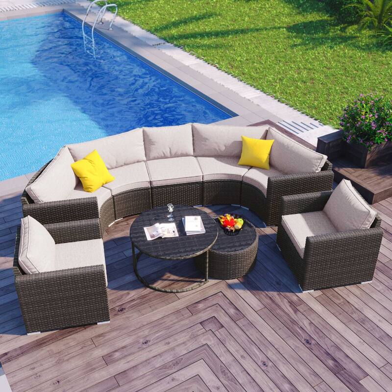 9-Piece Half-Moon Wicker Patio Sofa Set with Cushions and Two Round Coffee Tables - Beige