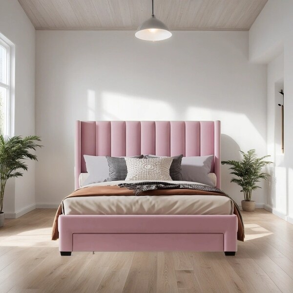 Queen Size Storage Bed Velvet Upholstered Platform Bed with