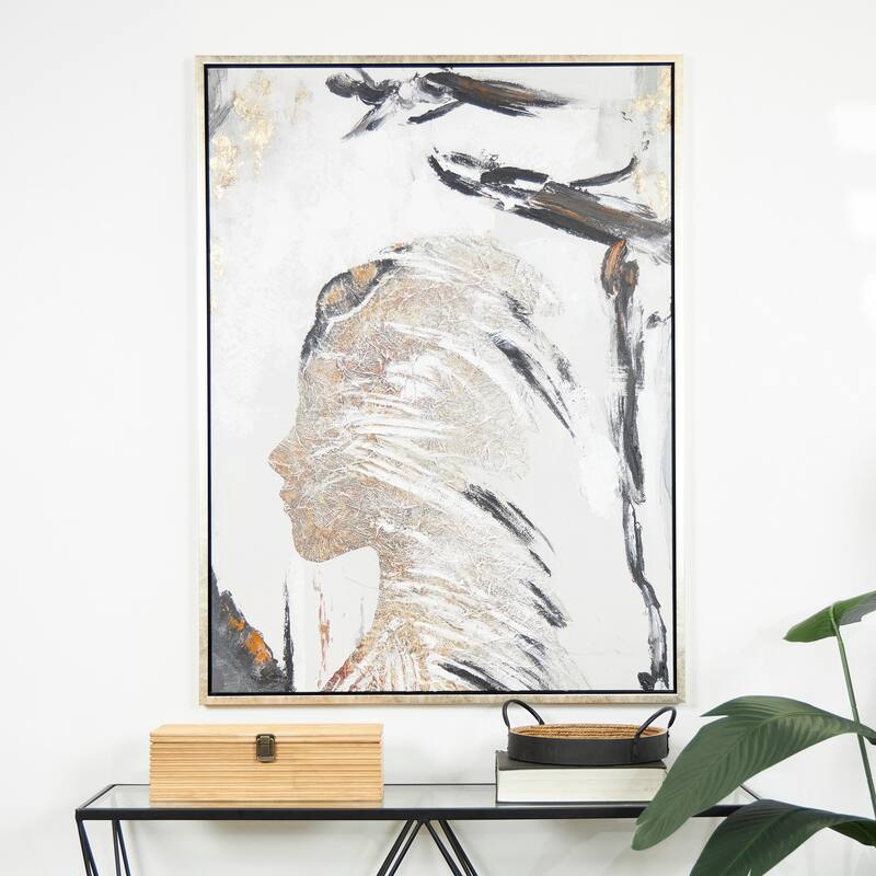 Brown Canvas Women's Profile Abstract Framed Wall Art with Gold Foil Details and Black Accents - Brown