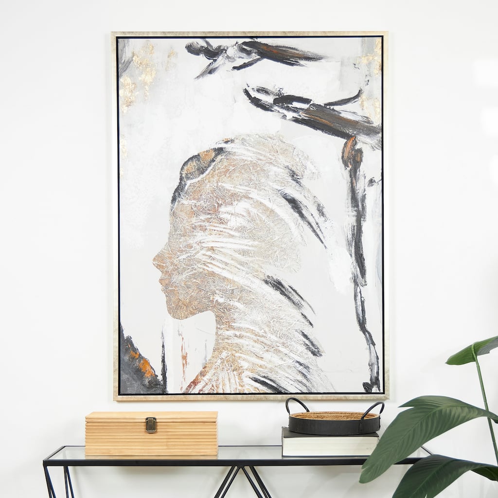 Brown Canvas Women's Profile Abstract Framed Wall Art with Gold Foil Details and Black Accents