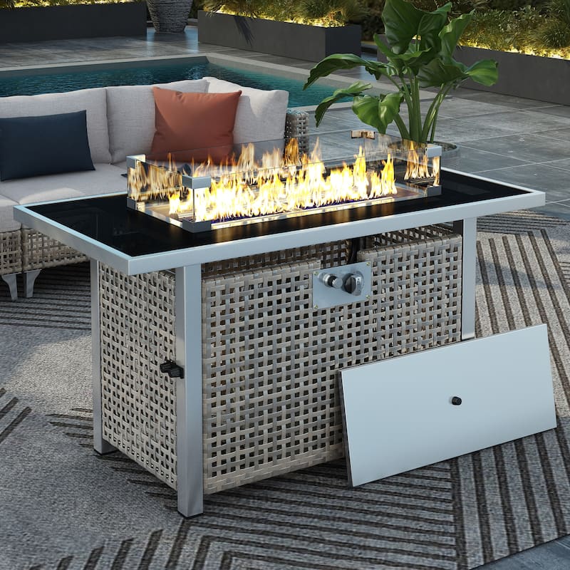 43" 60000 BTU Propane Wicker Gas Fire Pit Table w/ Glass Wind Guard