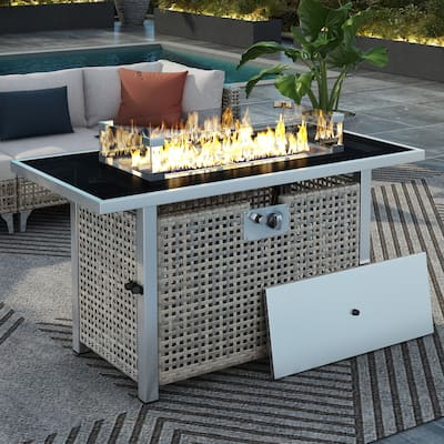 43" 60000 BTU Propane Wicker Gas Fire Pit Table w/ Glass Wind Guard