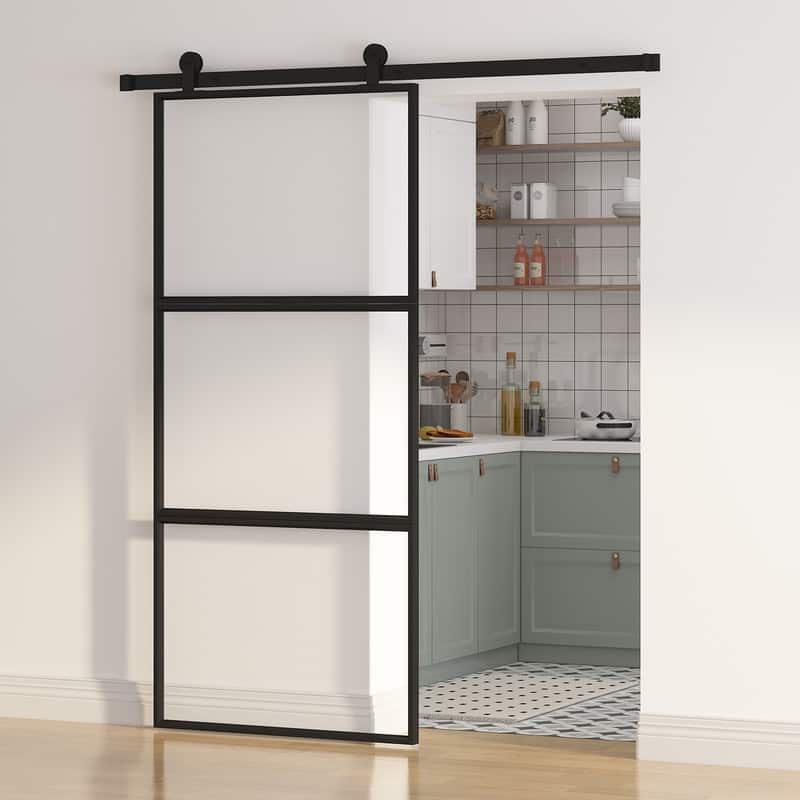 Mixoy Glass Sliding Barn Door and Hardware Included- Clear Tempered Glass,Aluminum Frame,Pre-Drilled,Soft Close