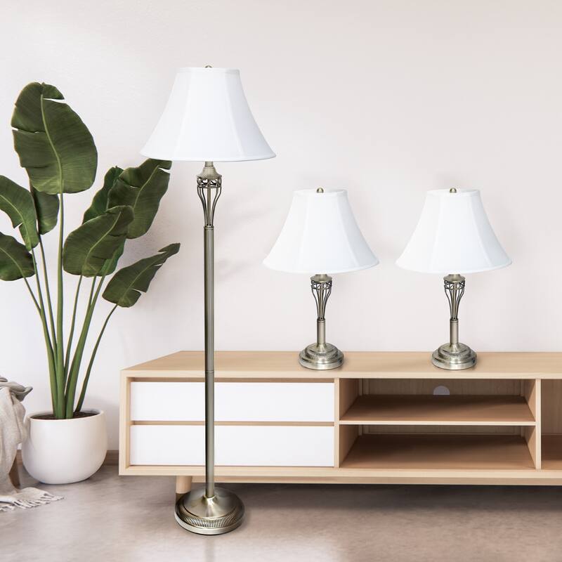 25.5 in. Bronze Finish Table Lamp Set with White Shade, 3 Piece Set for Living Room