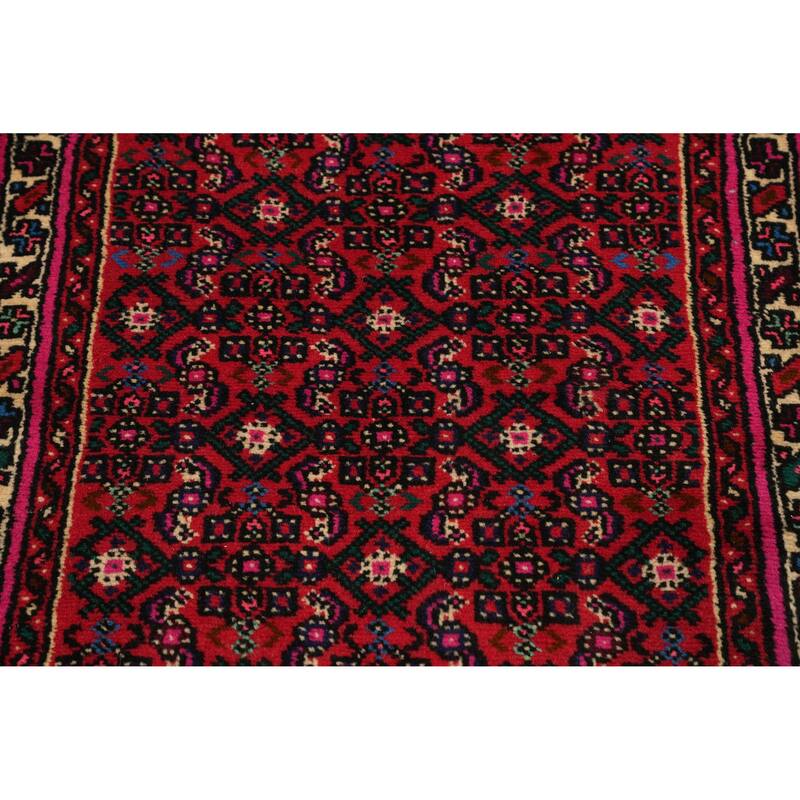 Hand Knotted Oriental 100% Wool Carpet Traditional Geometric Red Hossainabad Runner Rug - 31' 6'' X 2' 8''