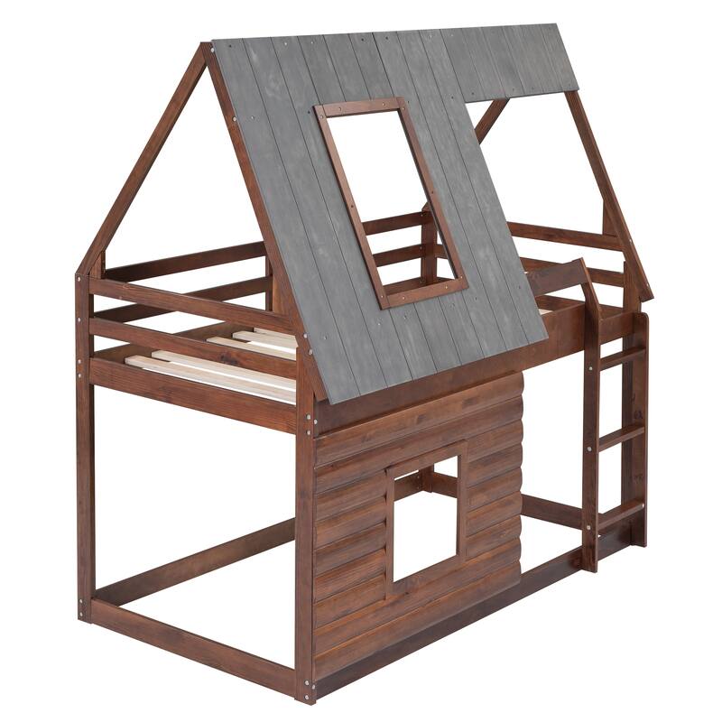 Wood Twin Over Twin House Bunk Bed with Roof & Ladder, Sturdy Pine Frame, Perfect for Kids Bedroom, No Box Spring Needed