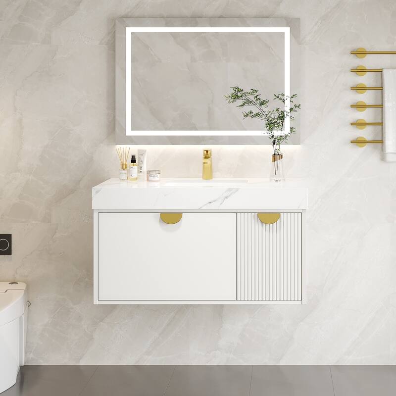 36" Single Bathroom Vanities with Sintered StoneTop, Wall Mount Vanities with Ample Storage