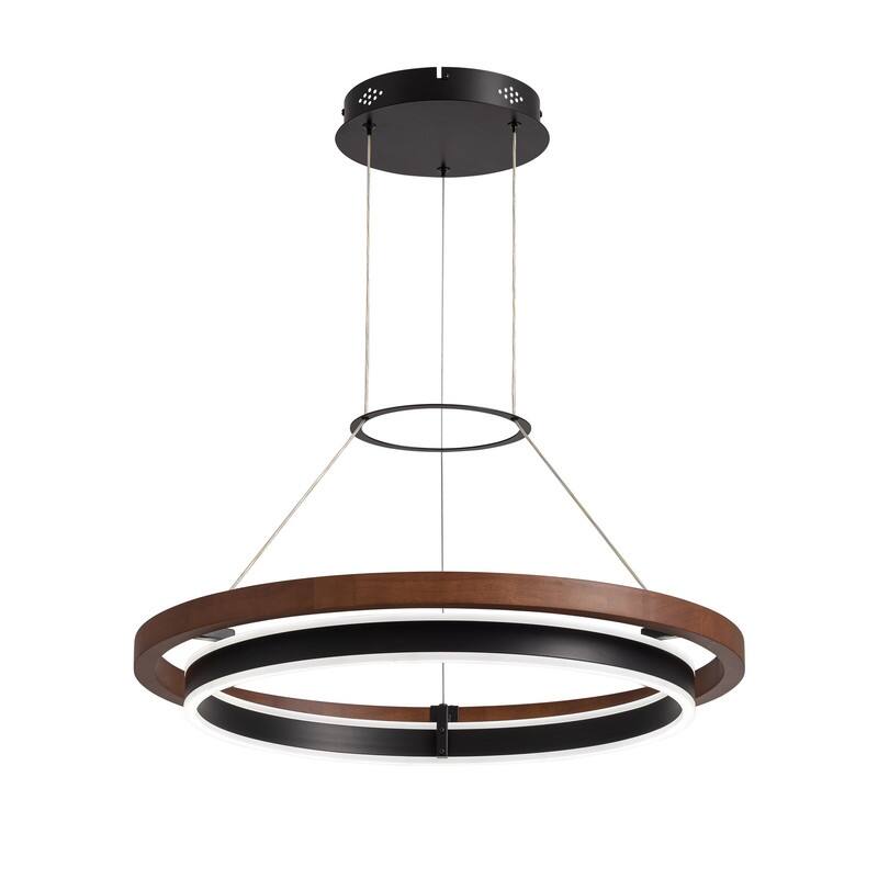 23.6 in. Modern Farmhouse Chandelier 2-Tier Round Ring Walnut LED Wooden Pendant Light for Kitchen Island