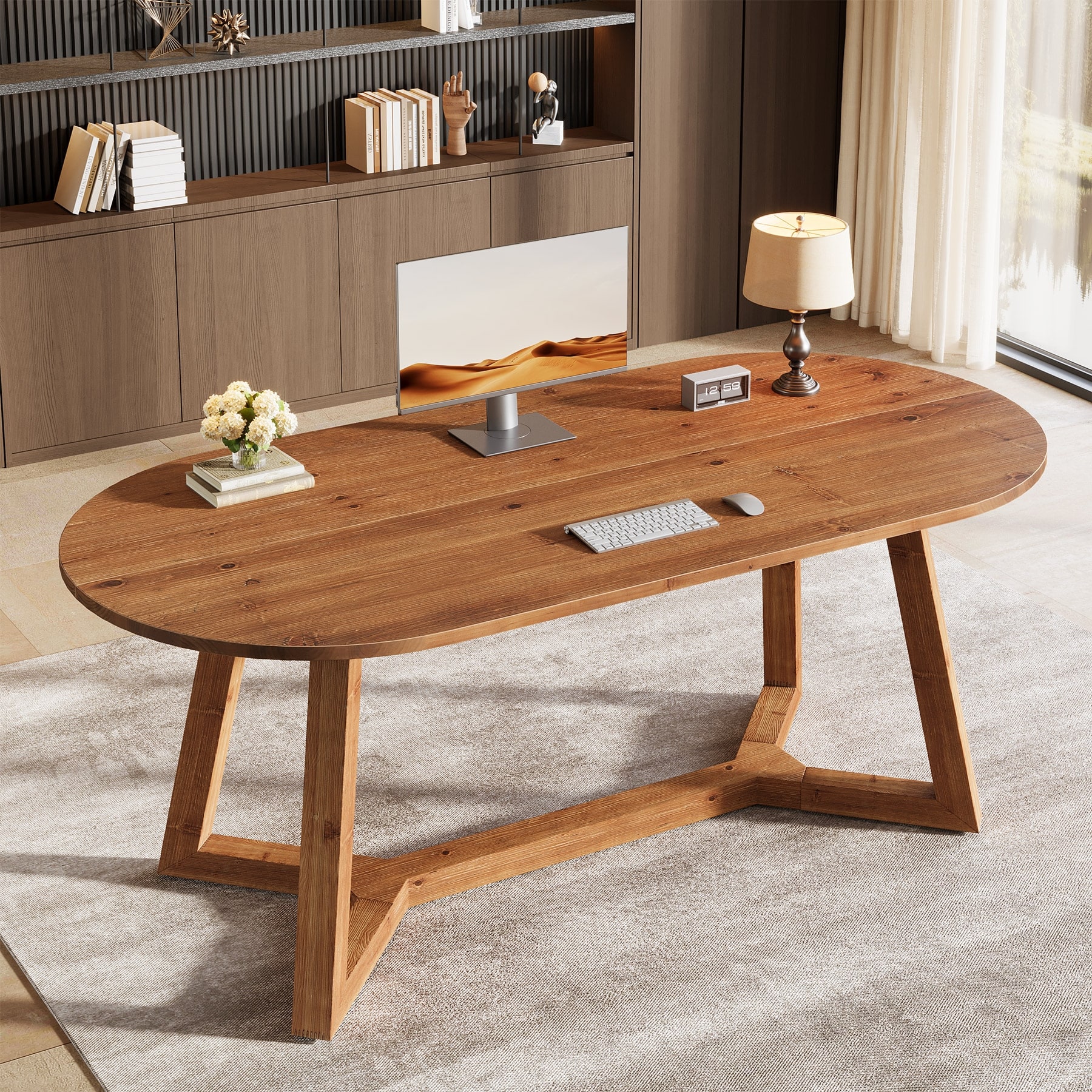 Oval Desk Home Office Furniture Solid Wood 63-inch Writing Table