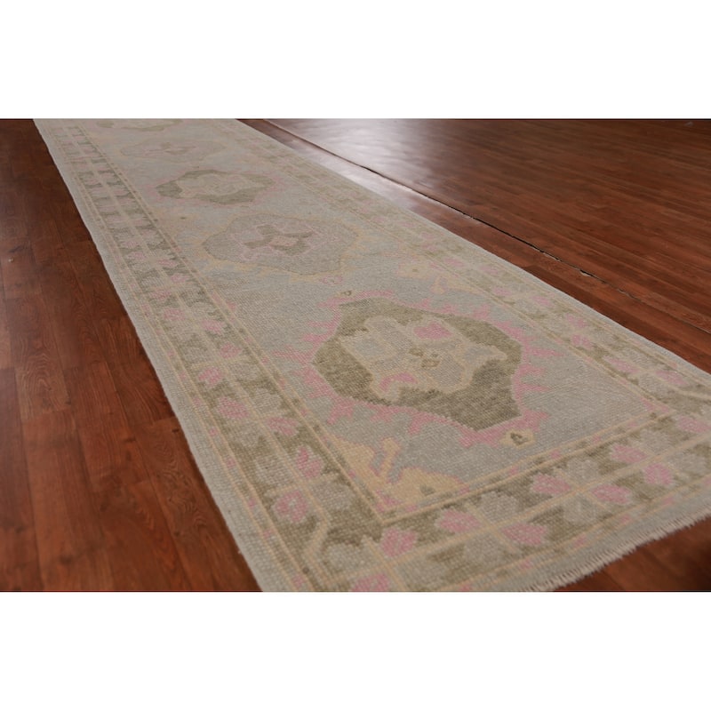 Hand Knotted Oriental 100% Wool Carpet Transitional Geometric Greys & Charcoal Oushak Runner Rug - 12' 11'' X 3' 5''