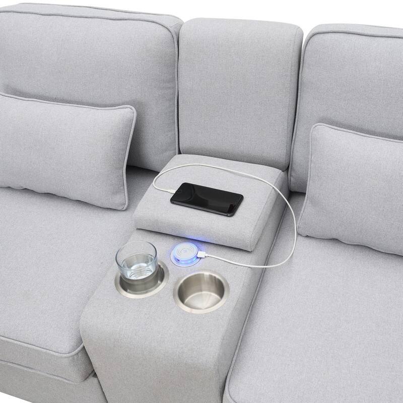 114.2" Modern Linen Fabric Sectional Sofa with Central Console, 2 Cupholders and Charging Station,4 Pillows