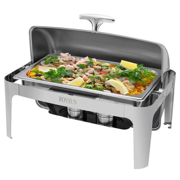 1/2 Set 9Qt Full Size Roll Top Stainless Steel Rectangular Chafer Buffet Chafing Dish
