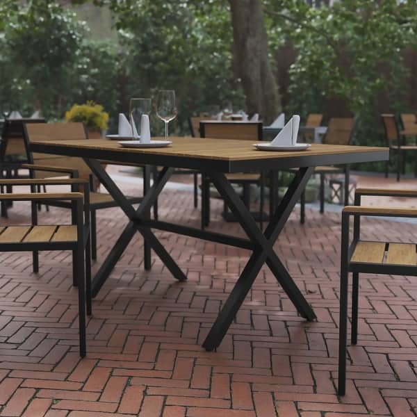 Commercial 59 x 35.5 Cross Frame Faux Teak Outdoor Patio Table Bed