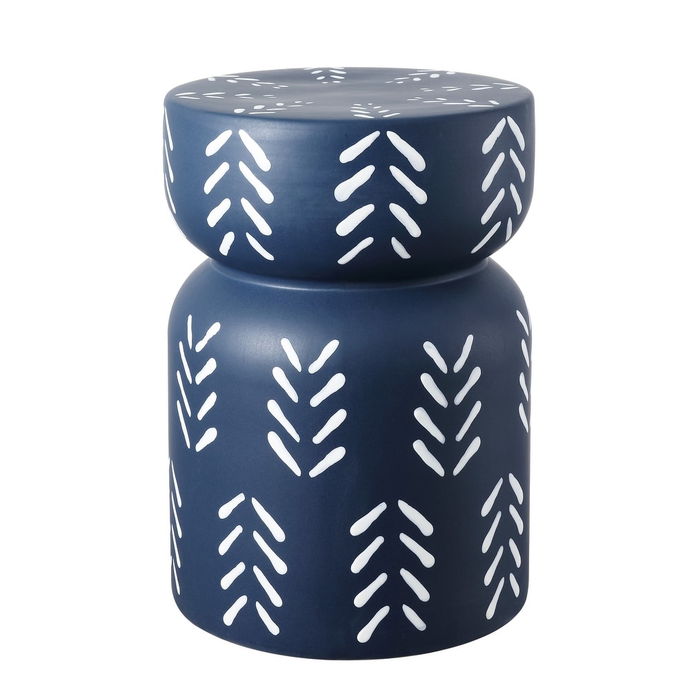 Rafi 18" Modern Bohemian Arrow Pattern Drum Indoor/Outdoor Garden Stool, Navy/White, by JONATHAN Y