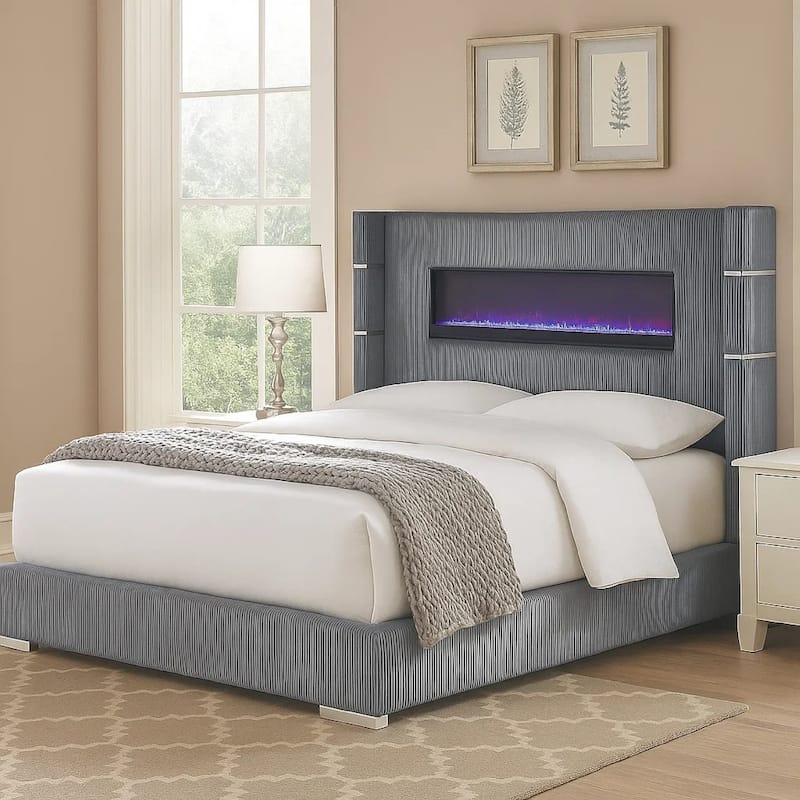 Caro King Bed, Wingback Panel w LED Flame, Gray Corduroy Upholstery