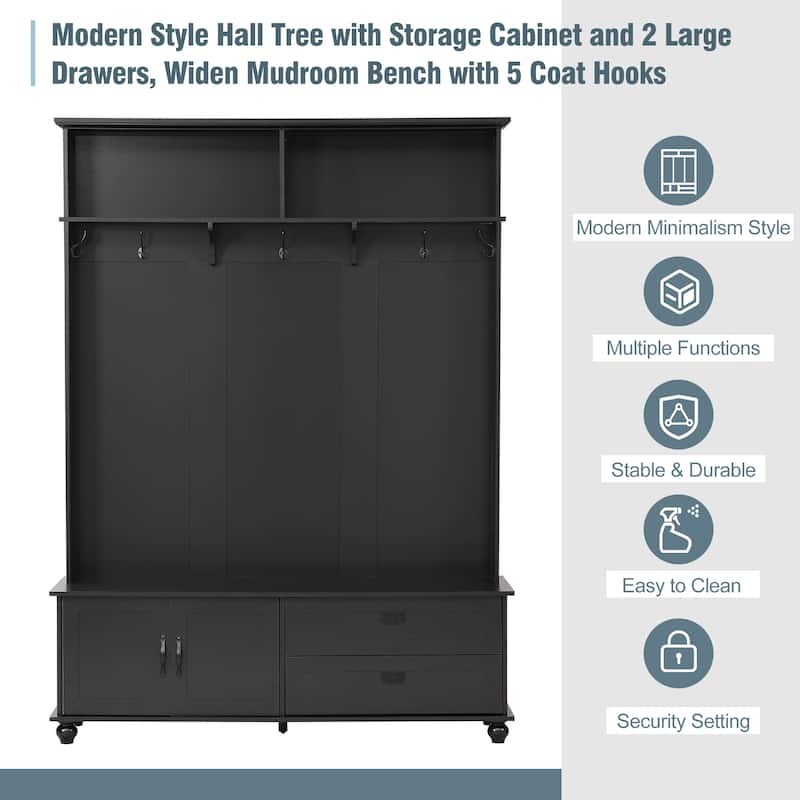 80.30"H Hall Tree with Storage Cabinet, Entryway Coat Rack with 2 Large Drawers and 5 Coat Hooks, Widen Mudroom Bench