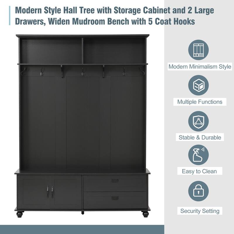 Modern Hall Tree Cabinet Coat Rack with Bench & Double-Side Hooks, Storage Cabinet with Drawers