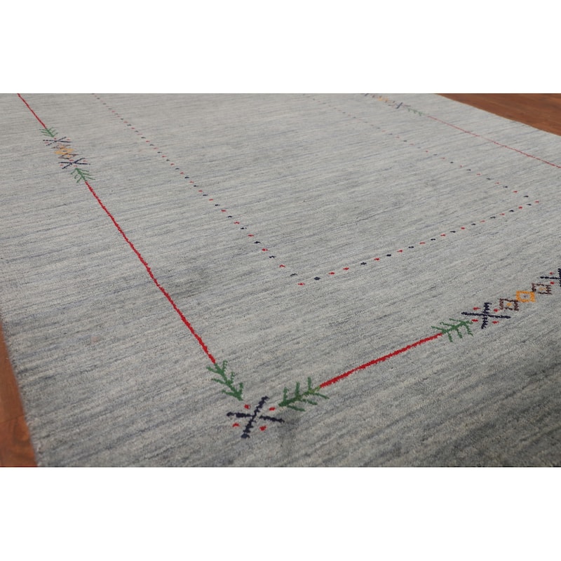 Gray & Green Striped Gabbeh Indian Area Rug Hand-Knotted Wool Carpet - 4'11"x 7'10"