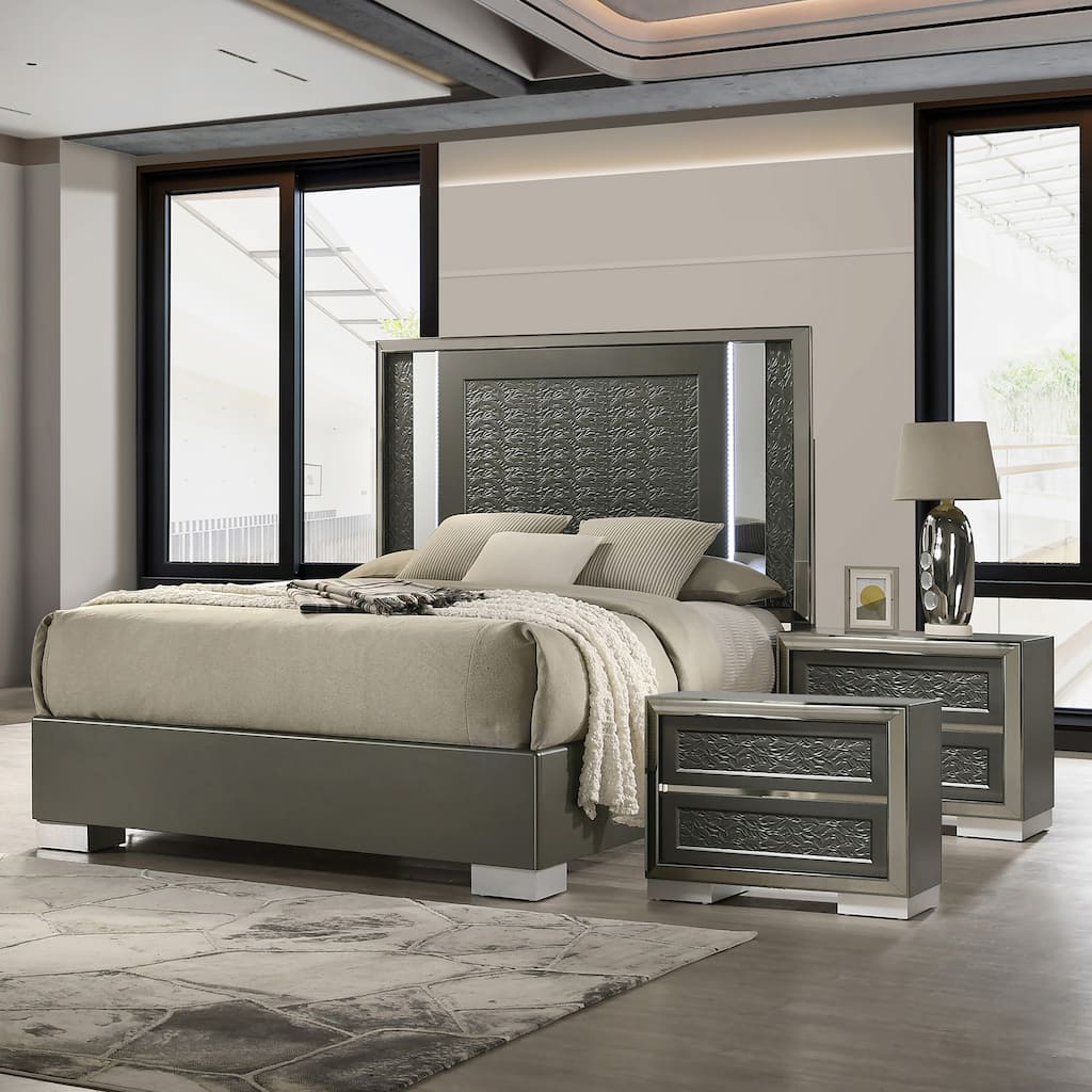 Furniture of America Iralles Modern 3-Piece Dark Grey Wood King Platform Bedroom Set with LED Light