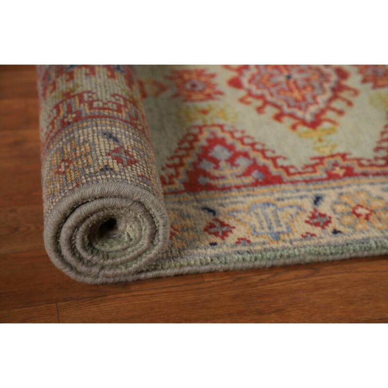 Green Geometric Viss Indian Runner Rug Hand-Knotted Wool Carpet - 2'6"x 7'11"