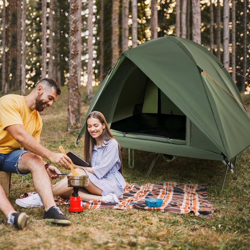 Gymax 2-Person Camping Cot Combo Off-Ground Travel Cot Tent w/Pop-up