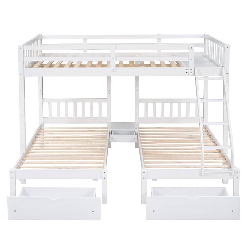 Full over Twin & Twin Wood Triple Bunk Bed with Two Storage Drawers