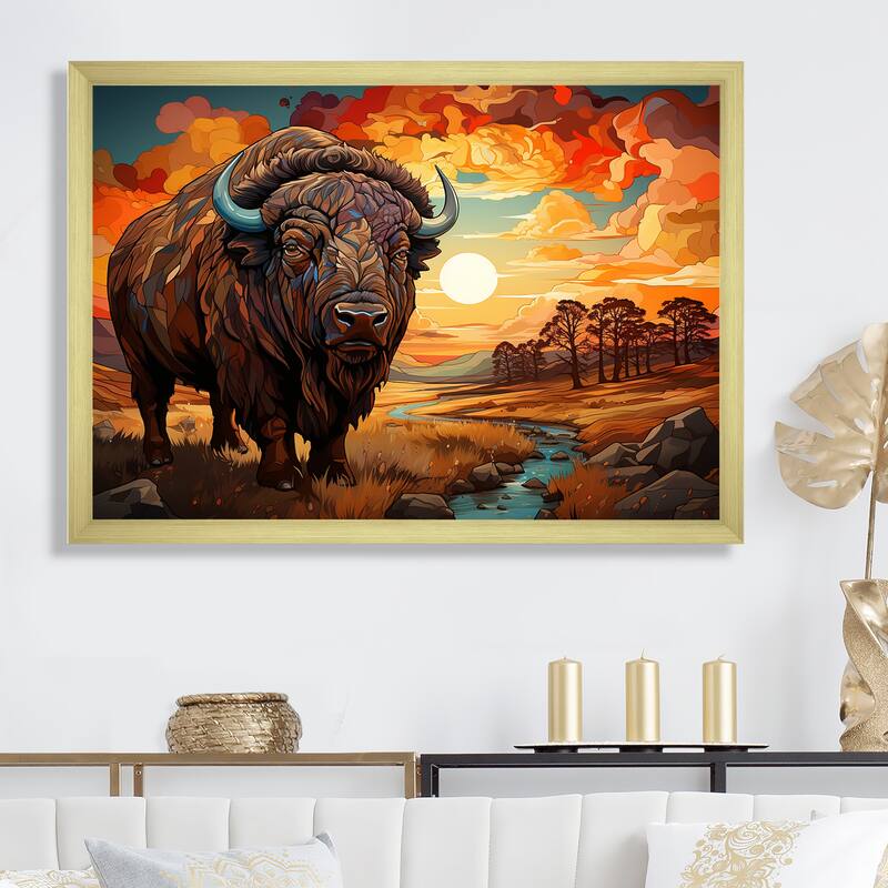 Designart "Native Buffalo Guardian Of Meadow" Native American Art Framed Wall Art Living Room - 44 in. wide x 34 in. high - Gold