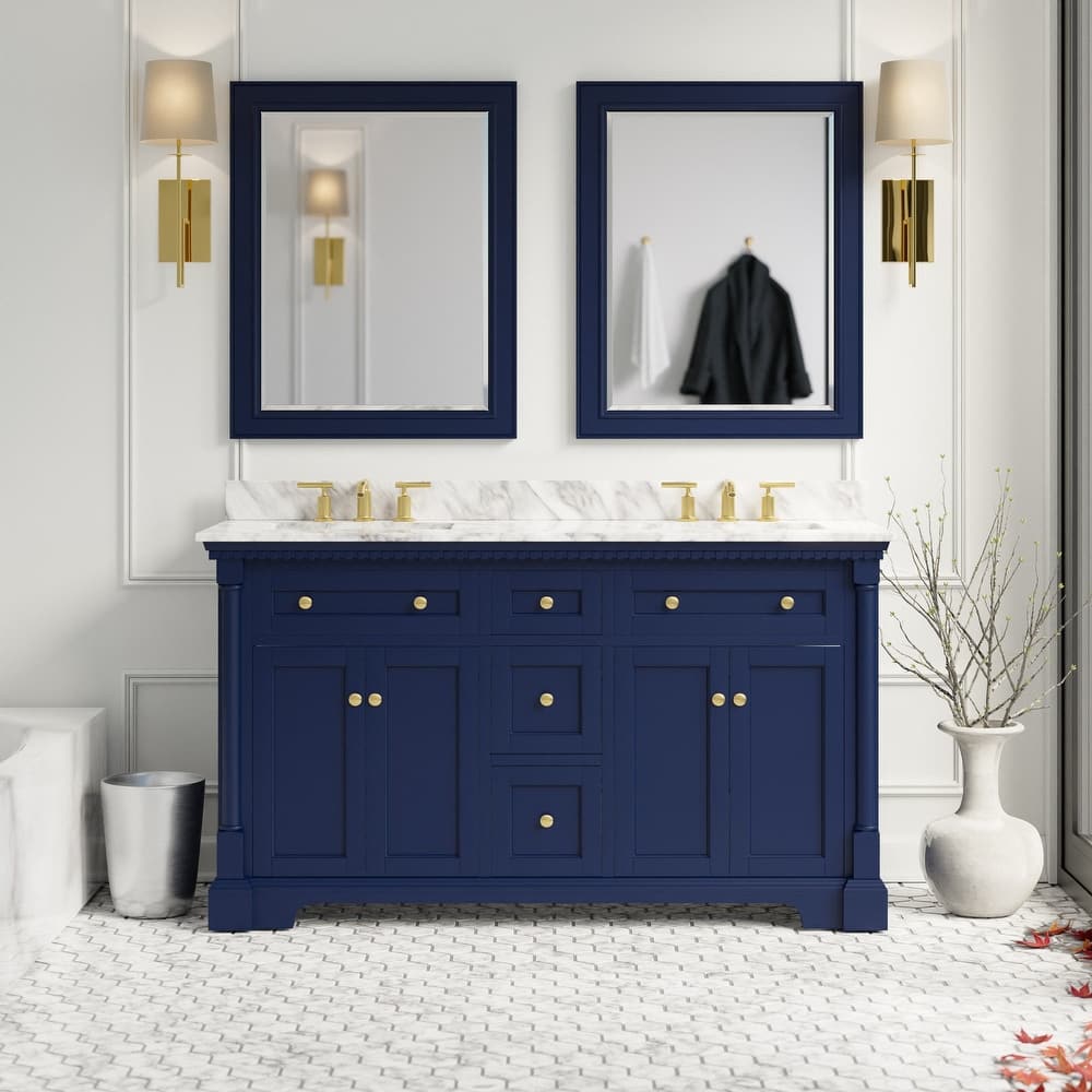 KitchenBathCollection Sydney 60" Double Bathroom Vanity with Carrara Marble Top