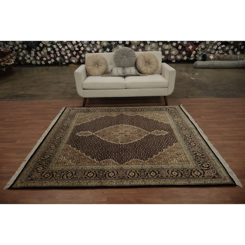 Hand Knotted Oriental 100% Wool Carpet Traditional Floral Black Tabriz-Mahi Area Rug - 6' 7'' X 6' 5''