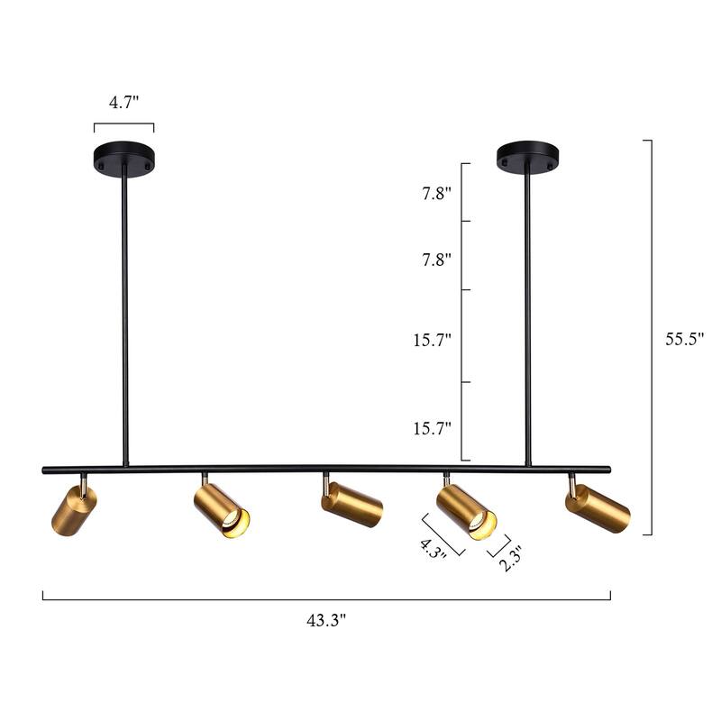 5-Light Black/ Gold Modern Industrial Adjustable Linear Ceiling Track Lighting Kit Spot Tracking Light Pendant