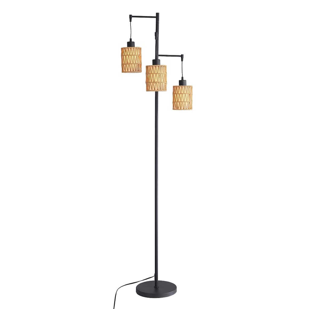 Modern Floor Lamps,Lamp Standing Lamp with Rattan & Fabric Shades,Tall Pole Lamp with Foot Switch,E26 Socket (No Bulb Included)
