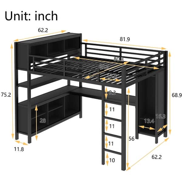 dimension image slide 0 of 4, All-in-One Metal Loft Bed with L-Shaped Desk & Wardrobe, Bedrooms Bed Frame with Storage Cubes, Shelves, Full-Length Guardrails