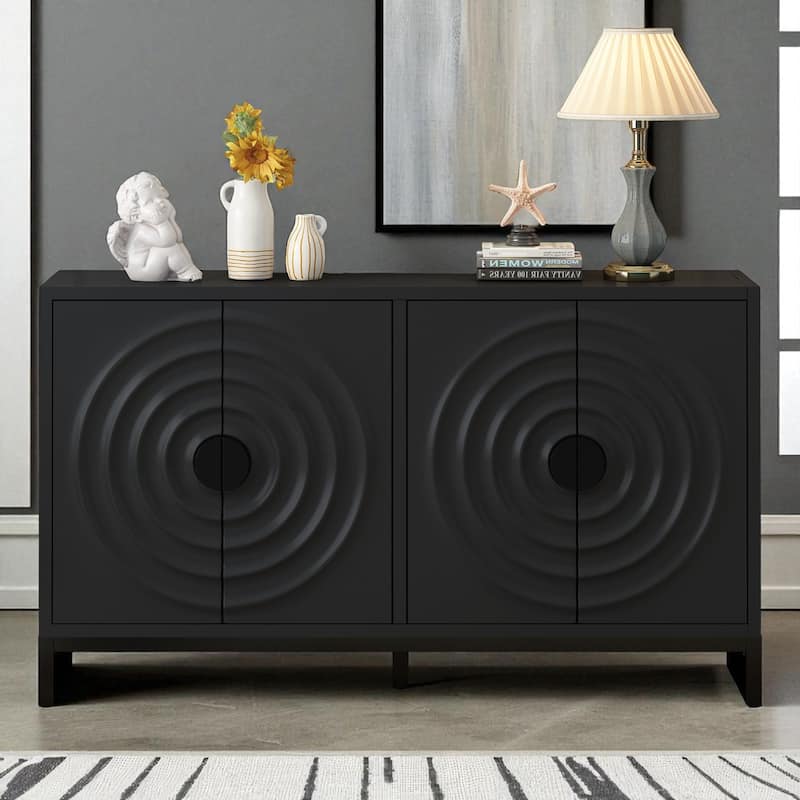 58" Storage Sideboard Cabinet with Water Wave Doors, Adjustable Shelves, Iron Legs and Handles for Entry or Study - Black