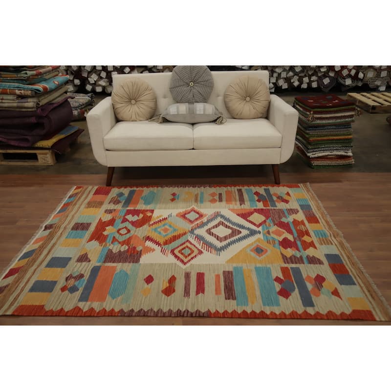 Hand Woven Oriental 100% Wool Carpet Southwestern Tribal Multi-Colored Kilim Area Rug - 6' 5'' X 4' 10''