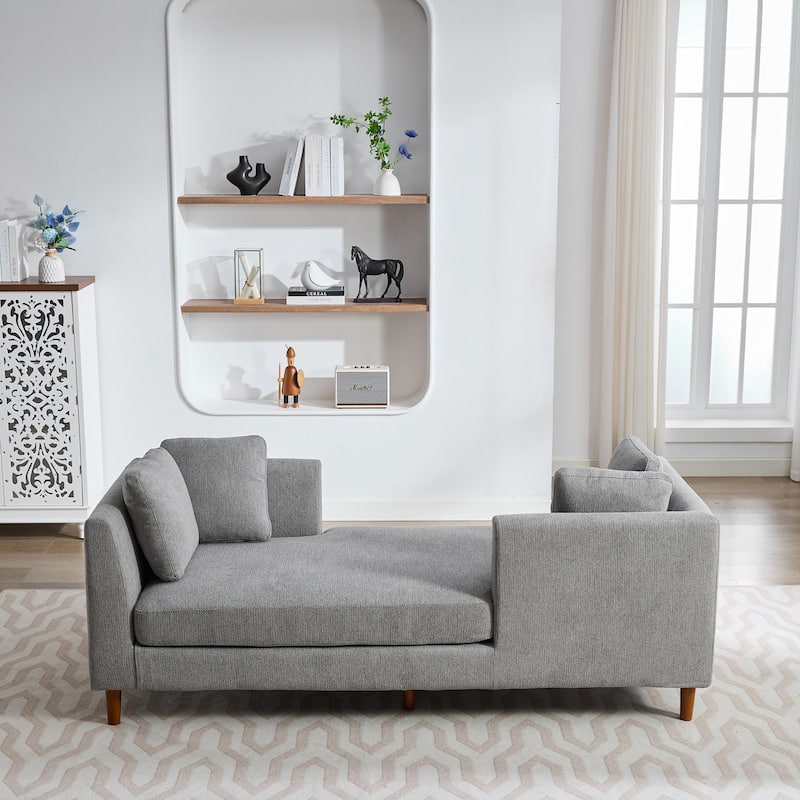 Roomfitters 77.95" Modern Double-Sided Chaise Lounge, Tete-a-Tete Chenille Daybed with 4 Pillows and Walnut Legs, Gray