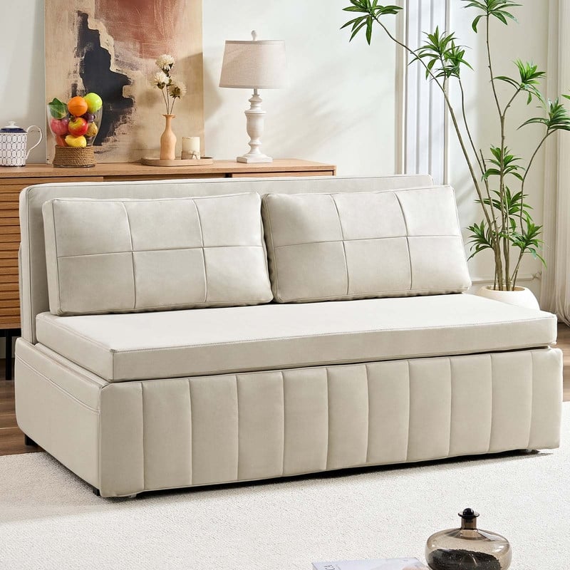 Mixoy Modern 62''Pull Out Sofa Bed,3-in-1 Pull Out Leathaire Fabric Sleeper Sofa Couch,Chaise Lounge,living room furniture