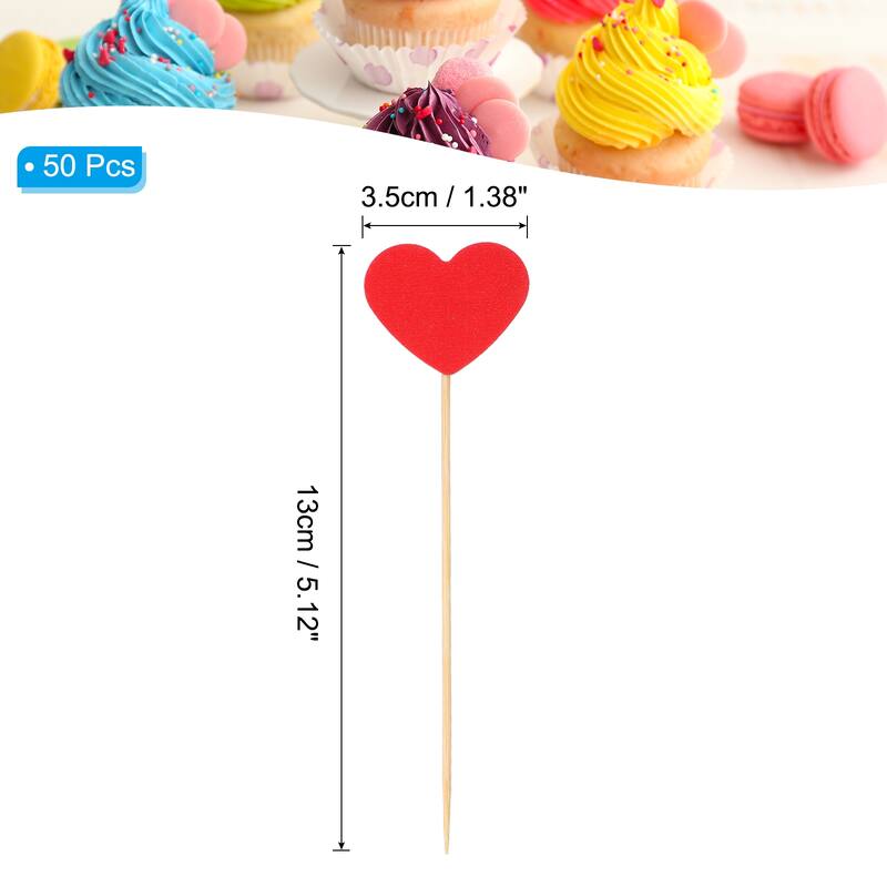 50Pcs Heart Cupcake Toppers,Star Cupcake Picks Birthday Decoration - Red