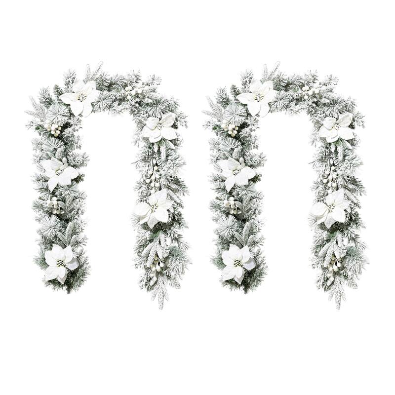 Glitzhome Set of 2/4 6ft Pre-Lit Flocked Greenery Pine White Poinsettia Christmas Garland