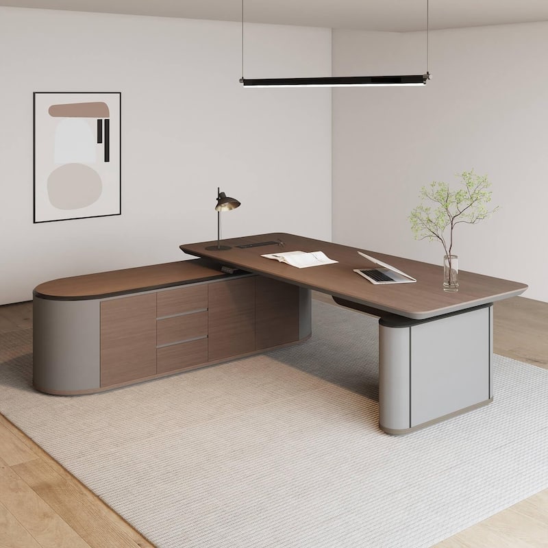 Sit & Stand Adjustable Height L Shaped Executive Desk with File Cabinets Drawers Universal Charging Ports
