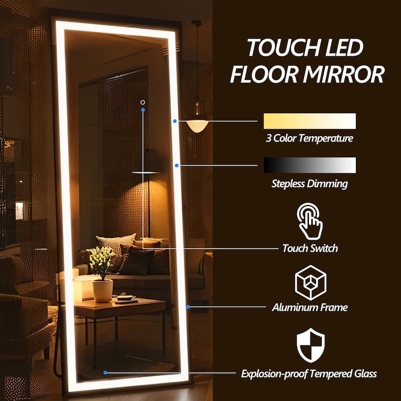 67x20 Inch Full Length Mirror With Lights,Full Body Dressing Standing, Hanging Mounted Mirror,Square Black