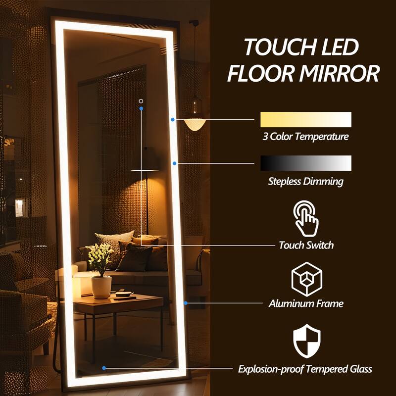 67x22 Inch Full Length Mirror With Lights,Full Body Dressing Standing, Hanging Mounted Mirror,Square Black