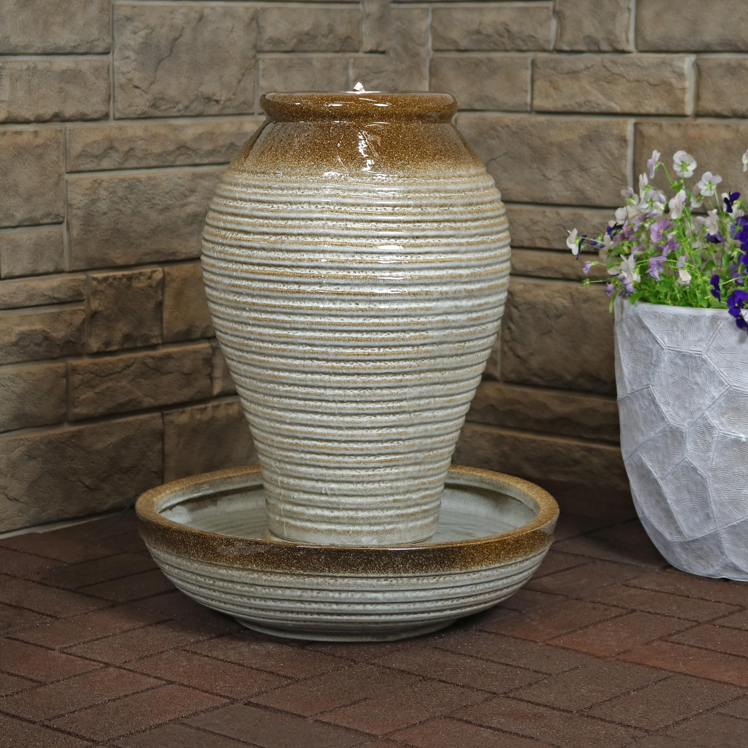 Ceramic Rippling Water Jug Garden Decor Fountain Outdoor Water Feature Water Fountain With Led Light