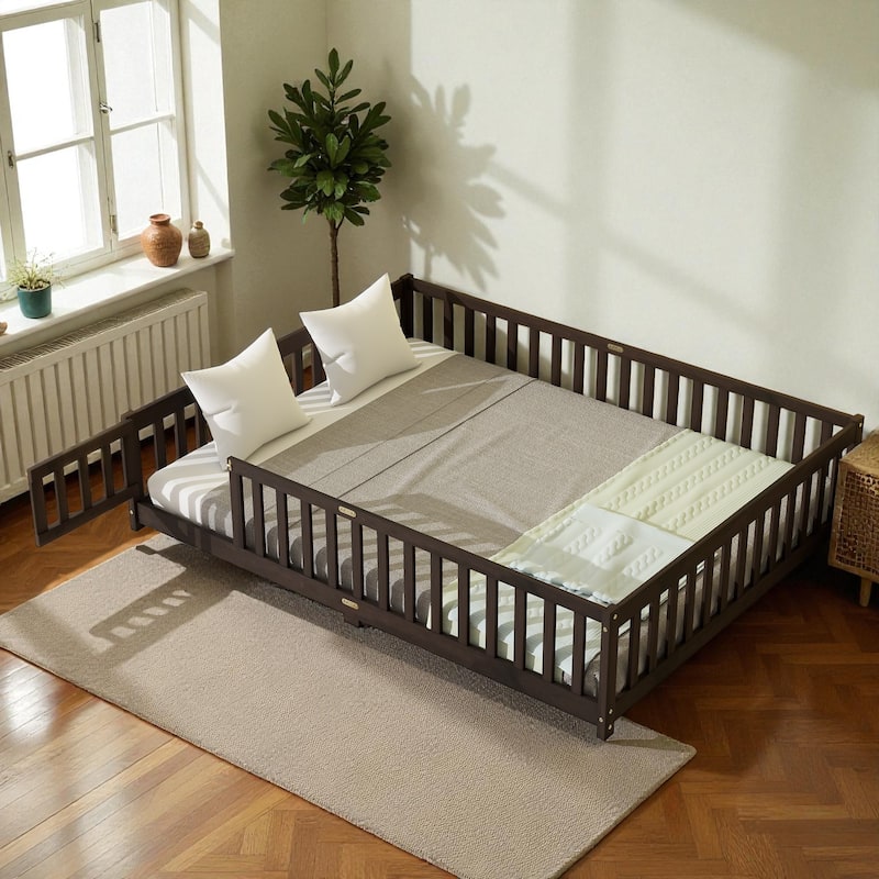 Queen Size Rubber Wood Floor Bed with Fence and Door, Montessori Platform Bed with Safety Guardrails for Kids