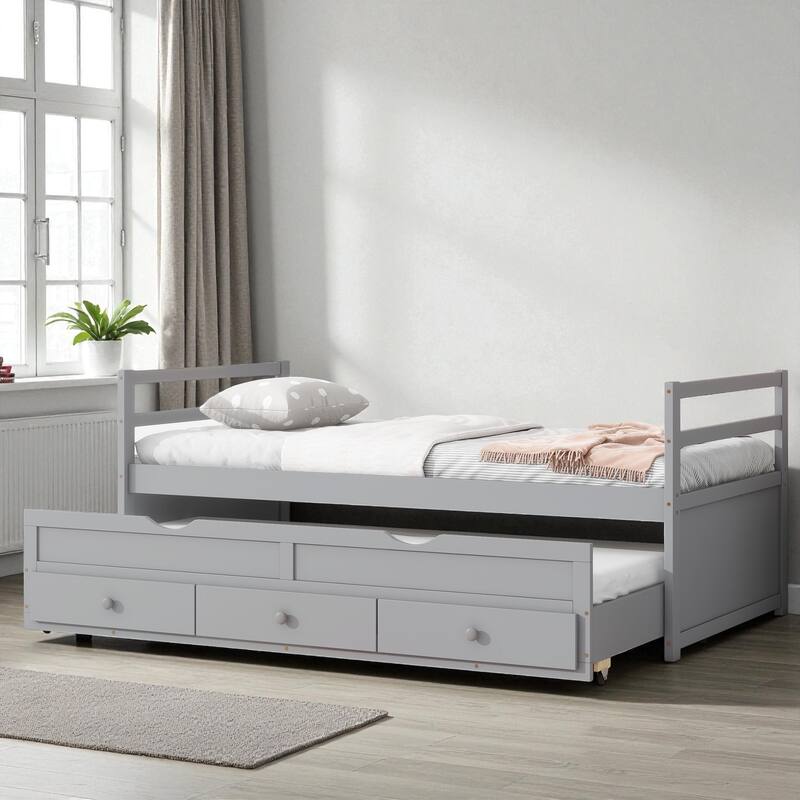 Twin Size Bed with Headboard, Footboard, Trundle, and Three Storage Drawers, Solid Pine Wood Twin Bed Frame with Storage - Grey - Twin
