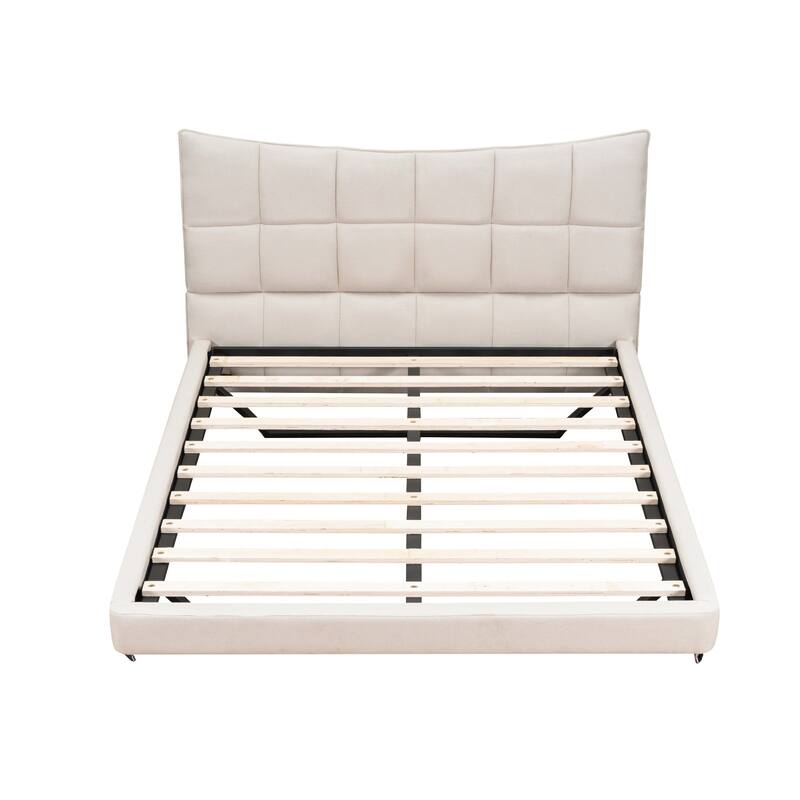 HomeRoots Beige Tufted Upholstered Full Bed Frame With LED Lighting And USB