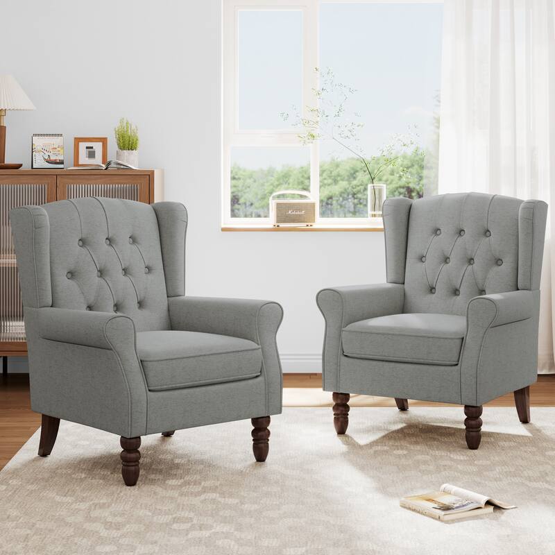 Button Tufted Armchair Wingback Wood legs Accent Chairs (Set of 2) - Light Grey-Linen