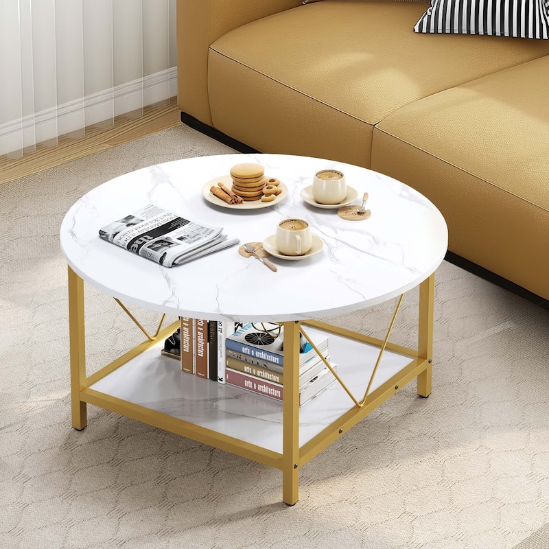 Moasis Industrial 2-Tier Round Coffee Table with Shelf - White/Gold
