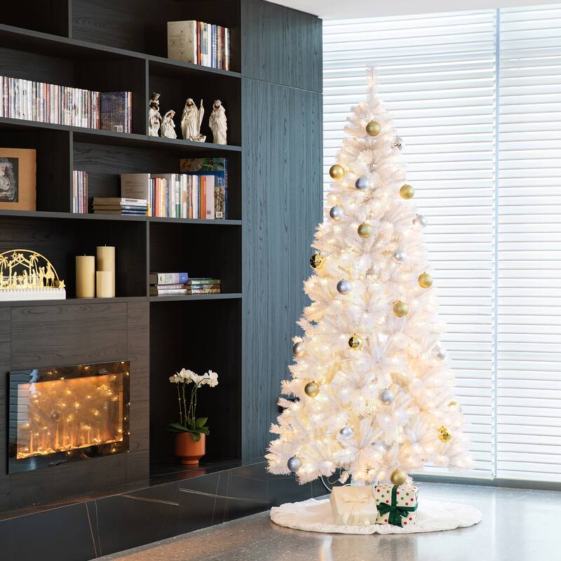 Glitzhome 8ft/10ft Pre-Lit Deluxe White Pine Slim Christmas Tree with Remote Controller