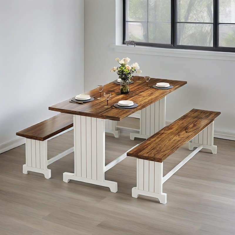 3-Piece White-Brown Wooden Kitchen Dining Set with Bench Seating Perfect for Breakfast Nook