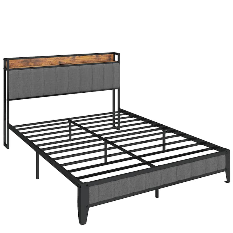 American Design Metal Platform Bed with Charging Station and Upholstered Headboard